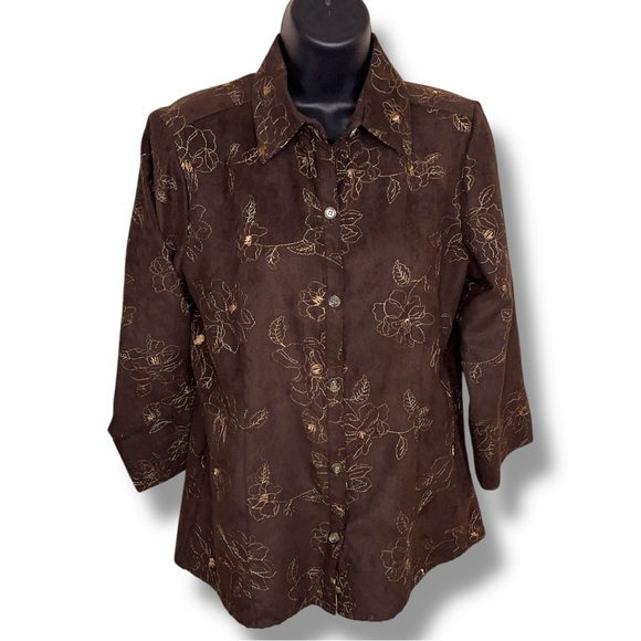 Vintage Small Sag Harbor Brown Embroidered Button Up Top 3/4 Sleeve Floral - Picture 1 of 13